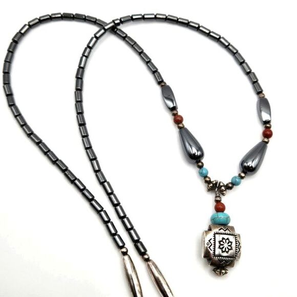 Southwestern Hematite Silver Cross Pendant Necklace Howlite and Red Jasper Beads - Picture 2 of 5